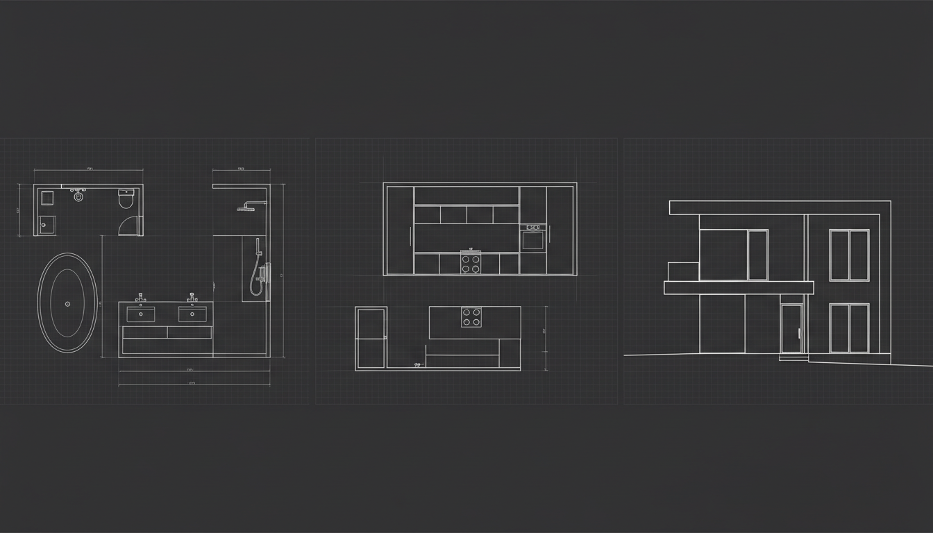 Conceptual architectural line drawings of a bathroom, kitchen and modern home